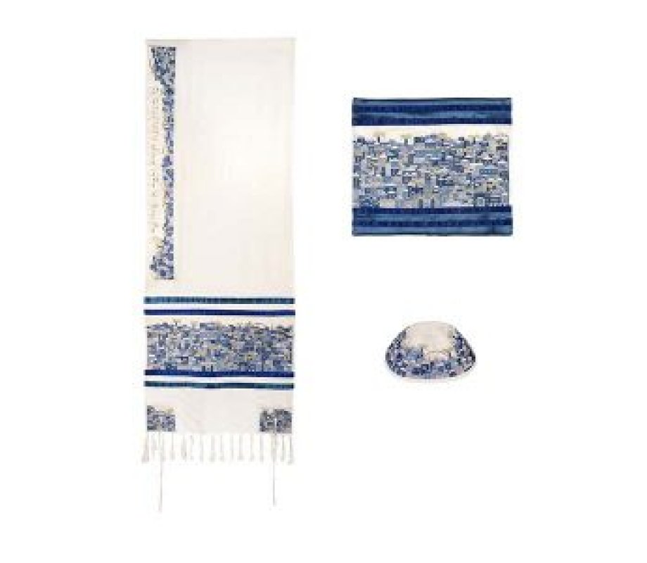 Cotton Embroidered Tallit Set, Jerusalem in Blue - Yair Emanuel
