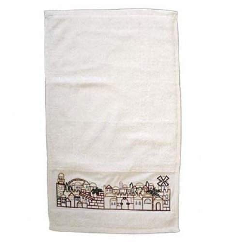 Cotton Netilat Yadayim Hand Towel, Embroidered Jerusalem Images - Yair Emanuel