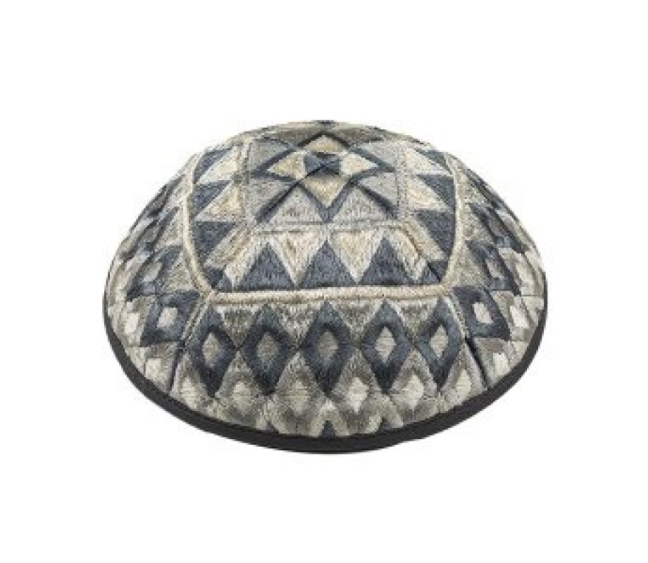 Cotton Poly Kippah with Silk Embroidered Geometrical Shapes, Silver - Yair Emanuel