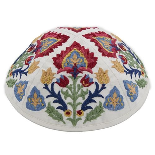 Cotton Poly Kippah with Silk Embroidered Oriental Nature Design, Blue - Yair Emanuel
