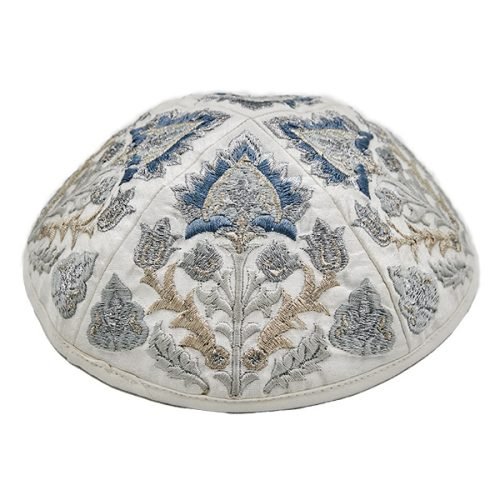 Cotton Poly Kippah with Silk Embroidered Oriental Nature Design, Silver - Yair Emanuel