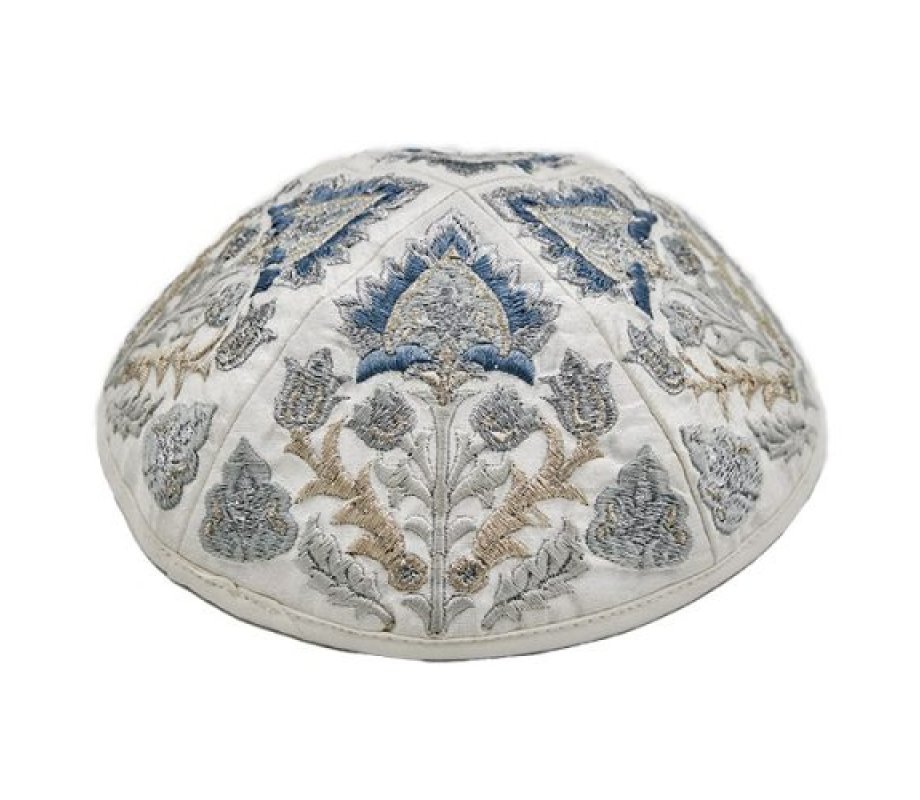 Cotton Poly Kippah with Silk Embroidered Oriental Nature Design, Silver - Yair Emanuel