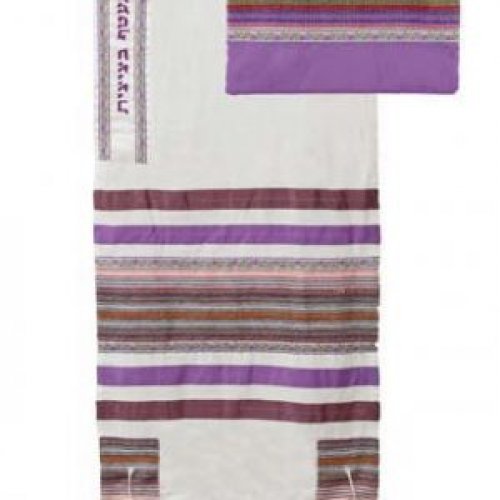 Cotton Tallit Set with Appliques, Purple Stripes - Yair Emanuel