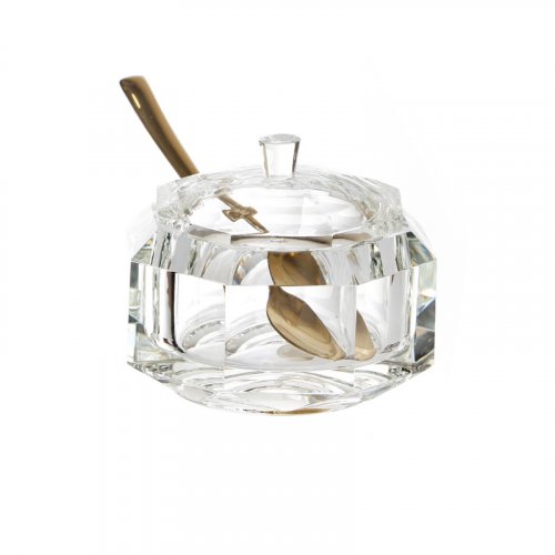 Crystal Diamond Faceted Honey Dish for Rosh Hashanah  3 Piece With Lid and Spoon