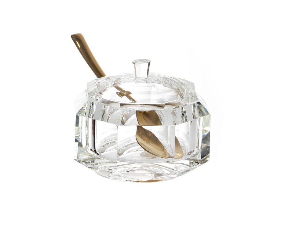 Crystal Diamond Faceted Honey Dish for Rosh Hashanah – 3 Piece With Lid and Spoon