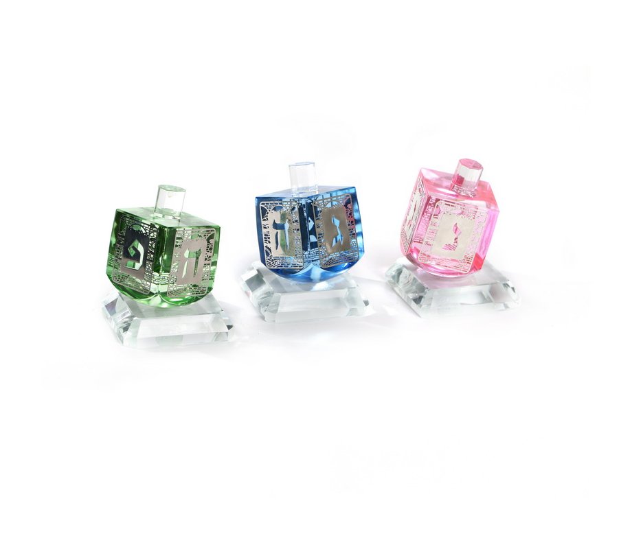 Crystal Glass Three Colorful Dreidels on Stand - Silver Hebrew Letters on Sides
