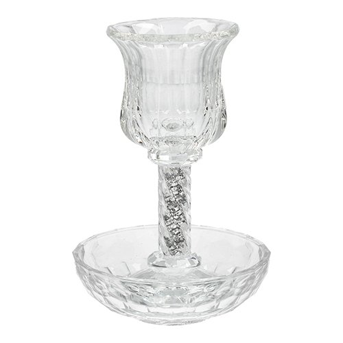 Crystal Kiddush Cup and Plate Set - Stem Decorated with Crushed Dark Stones