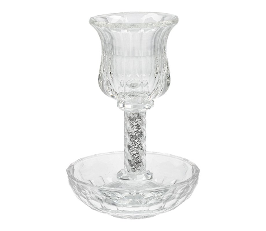 Crystal Kiddush Cup and Plate Set - Stem Decorated with Crushed Dark Stones