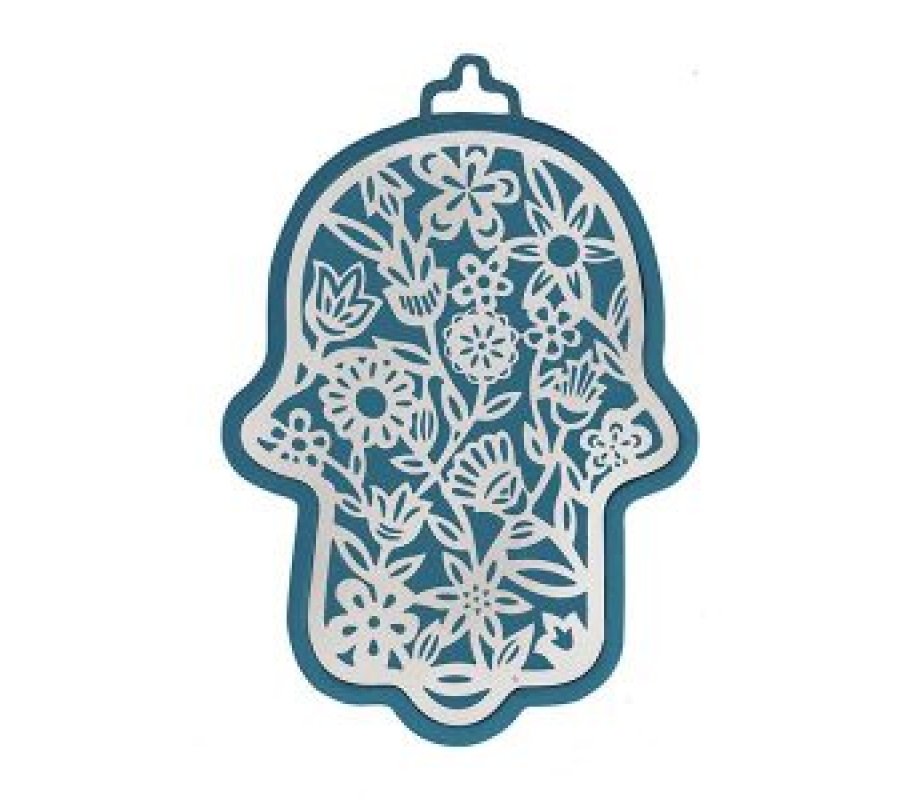 Cutout Silver on Blue Metal Flowers Design Wall Hamsa - Yair Emanuel