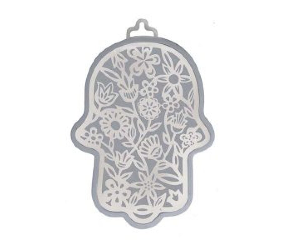 Cutout Silver on Silver Metal Flowers Design Wall Hamsa - Yair Emanuel