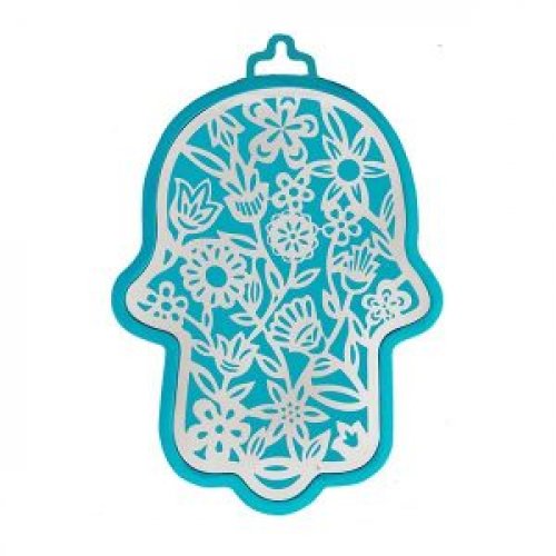 Cutout Silver on Turquoise Metal Flowers Design Wall Hamsa - Yair Emanuel