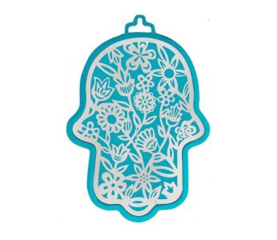 Cutout Silver on Turquoise Metal Flowers Design Wall Hamsa - Yair Emanuel