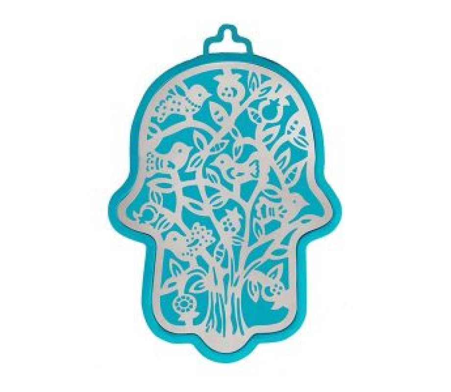 Cutout Silver on Turquoise Metal Trees and Birds Design Wall Hamsa - Yair Emanuel