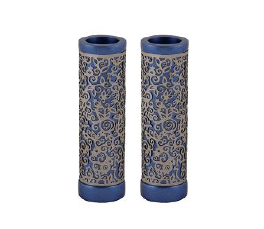 Cylinder Candlesticks with Floral Pomegranate Overlay, Blue - Yair Emanuel