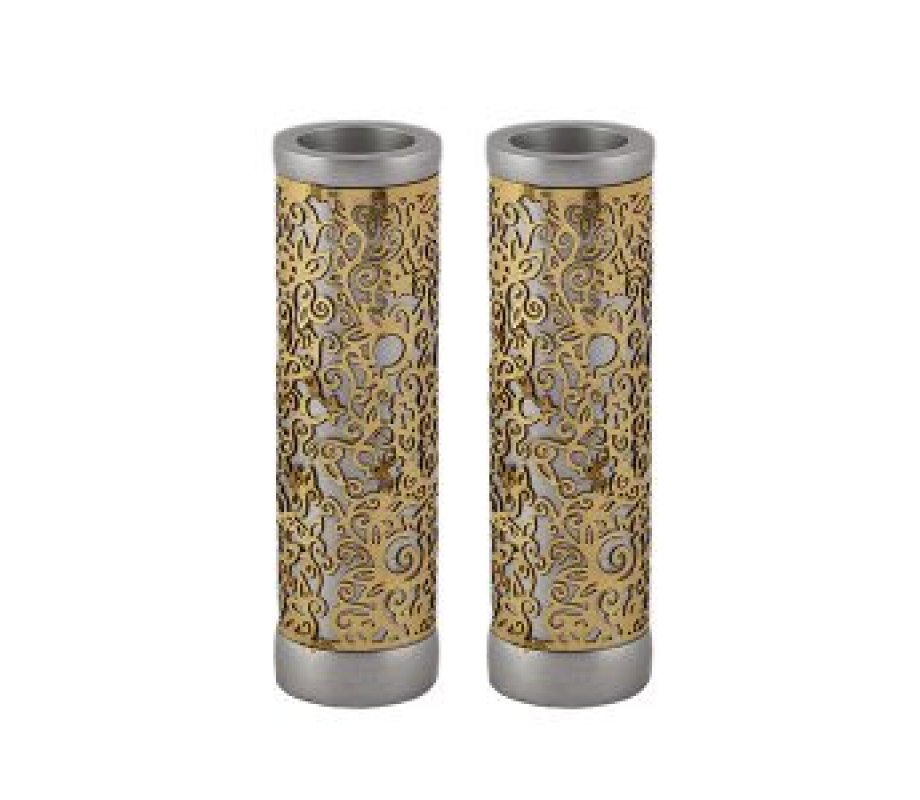 Cylinder Candlesticks with Floral Pomegranate Overlay, Brass - Yair Emanuel