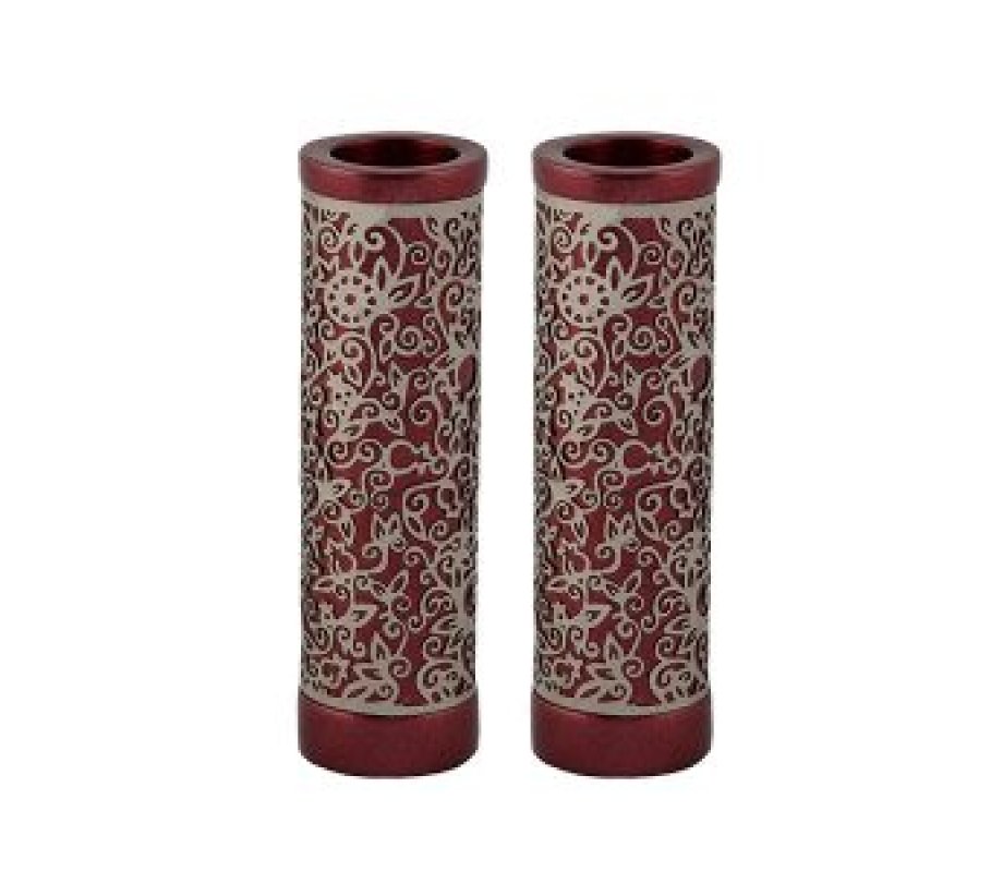 Cylinder Candlesticks with Floral Pomegranate Overlay, Maroon - Yair Emanuel