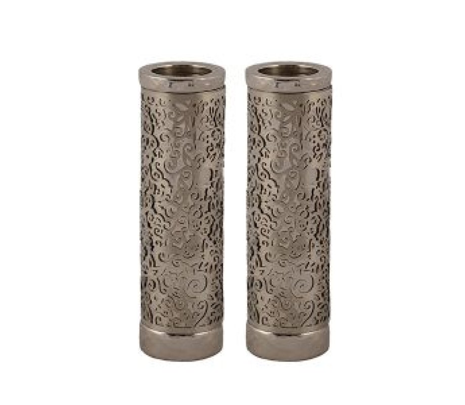 Cylinder Candlesticks with Floral Pomegranate Overlay, Silver - Yair Emanuel