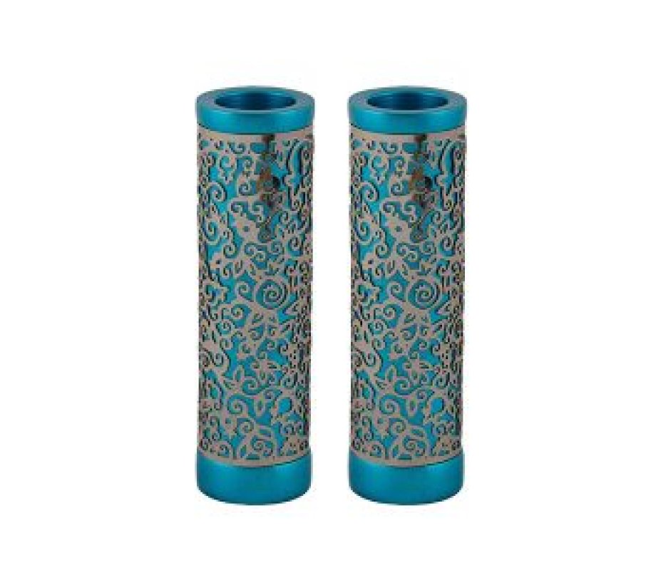 Cylinder Candlesticks with Floral Pomegranate Overlay, Turquoise - Yair Emanuel