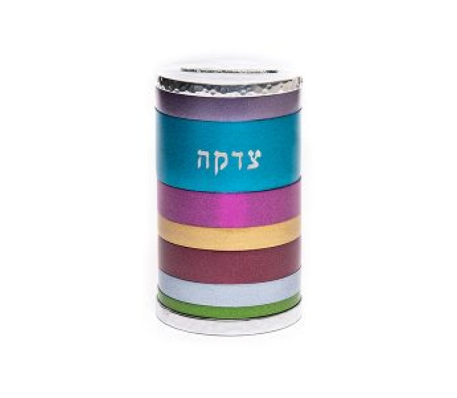 Cylinder Charity Tzedakah Box with Colorful Horizontal Bands - Yair Emanuel