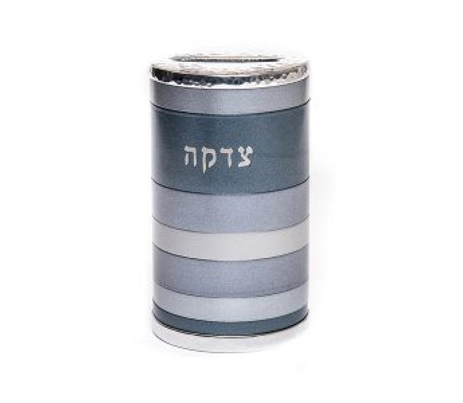 Cylinder Charity Tzedakah Box with Horizontal Bands, Gray - Yair Emanuel