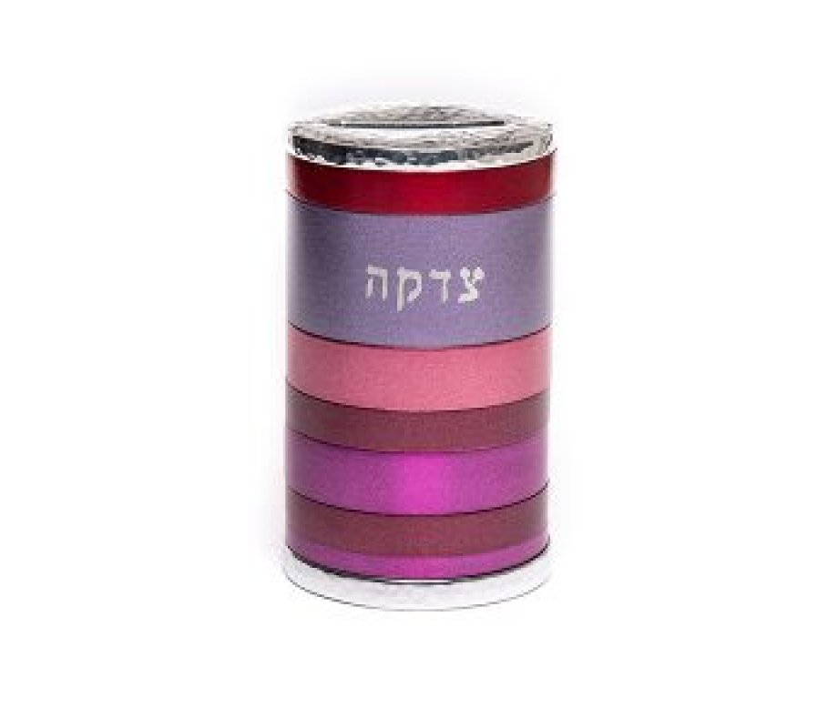 Cylinder Charity Tzedakah Box with Horizontal Bands, Shades of Red - Yair Emanuel