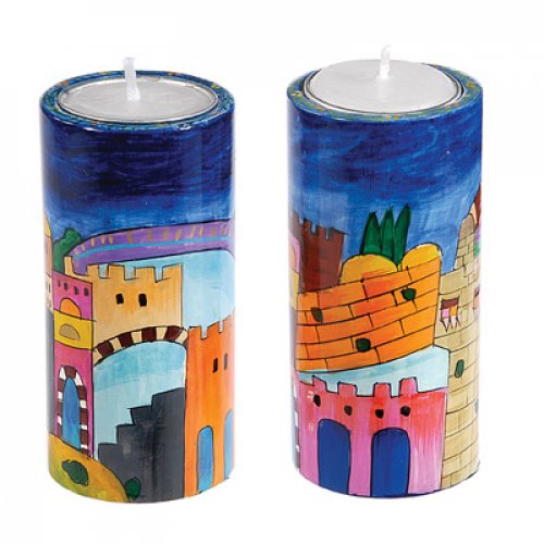 Cylinder Hand-Painted Wood Shabbat Candlesticks, Jerusalem Images - Yair Emanuel