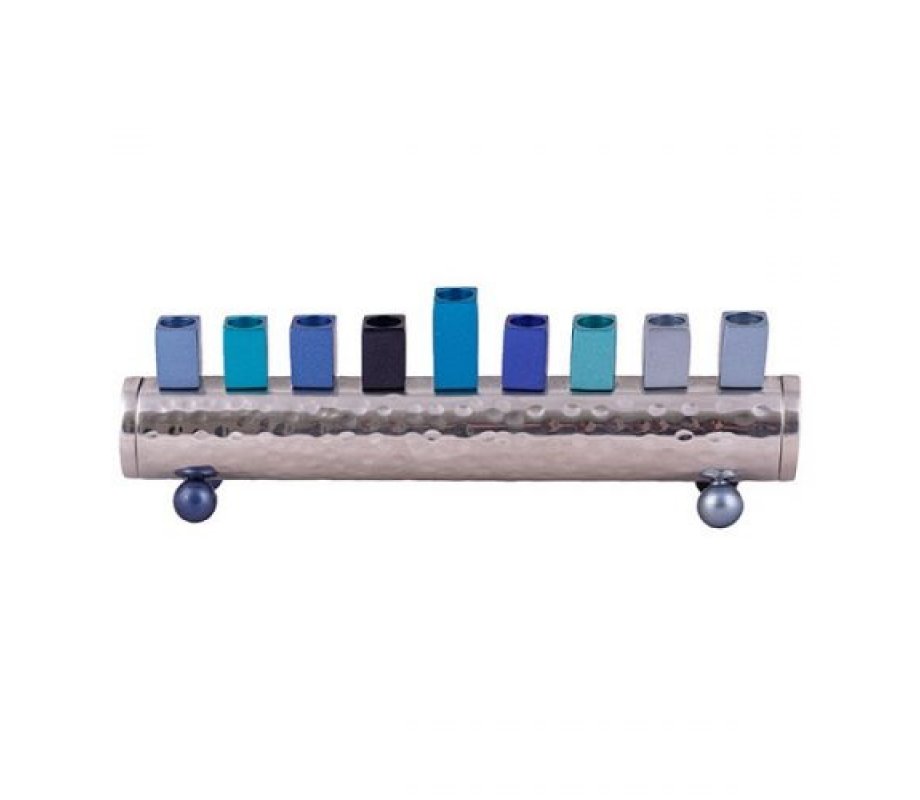 Cylinder Hanukkah Menorah Hammered Aluminum, Blue- Yair Emanuel