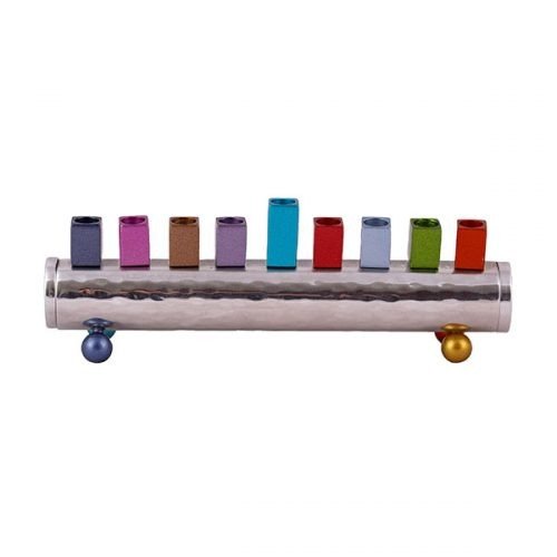 Cylinder Hanukkah Menorah Hammered Aluminum, Multicolor - Yair Emanuel