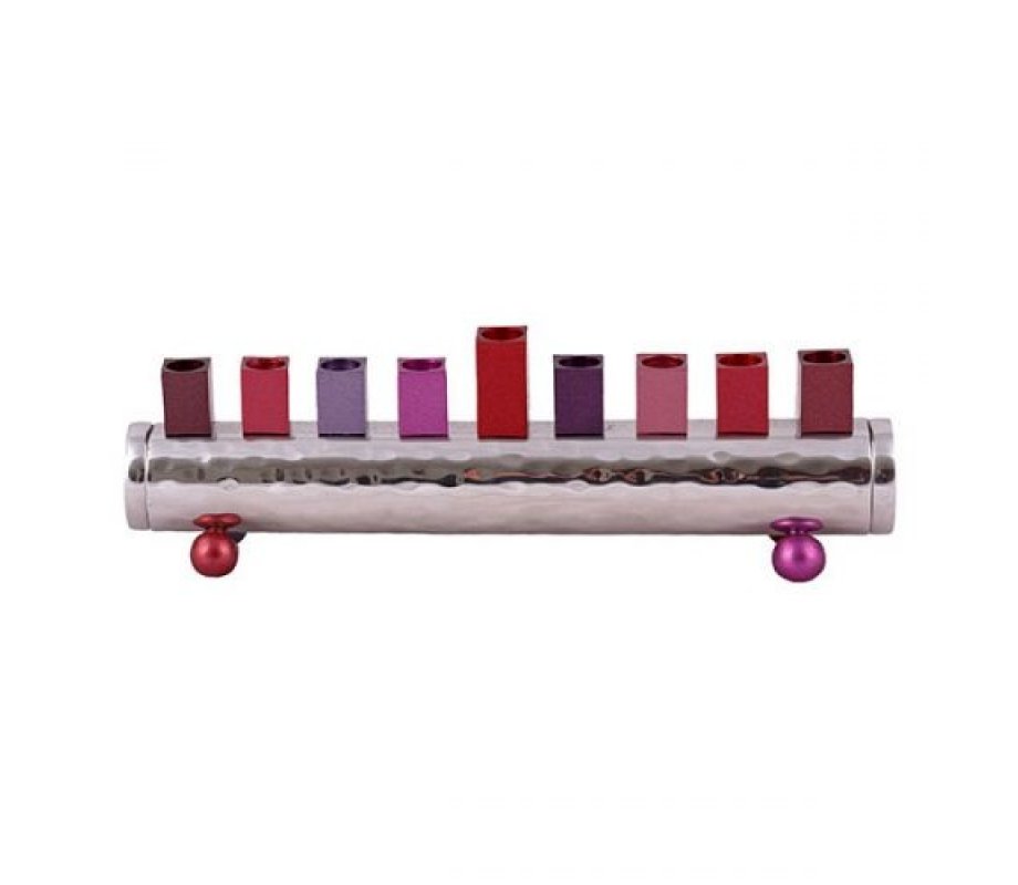 Cylinder Hanukkah Menorah Hammered Aluminum, Reds- Yair Emanuel