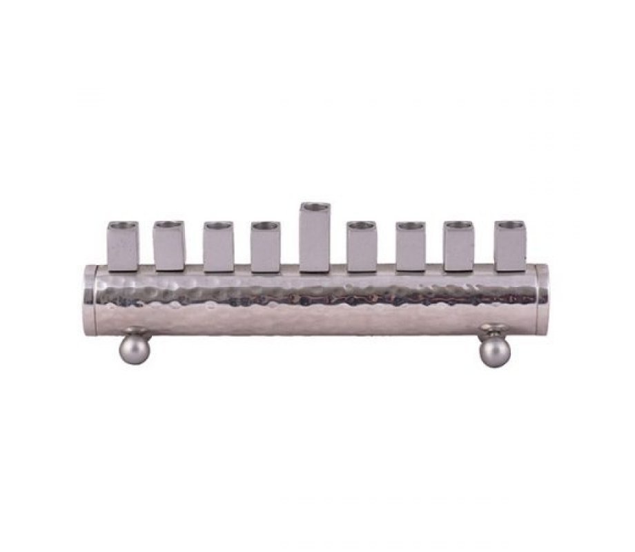 Cylinder Hanukkah Menorah Hammered Aluminum, Silver- Yair Emanuel