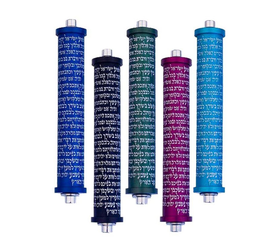 Cylinder Mezuzah Case Shema Yisrael Prayer in Dark colors, 6 Inches Height - Agayof
