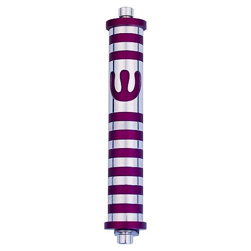 Cylinder Mezuzah Case with Bands and Curving Shin In Dark Colors at 6 Inches - Agayof