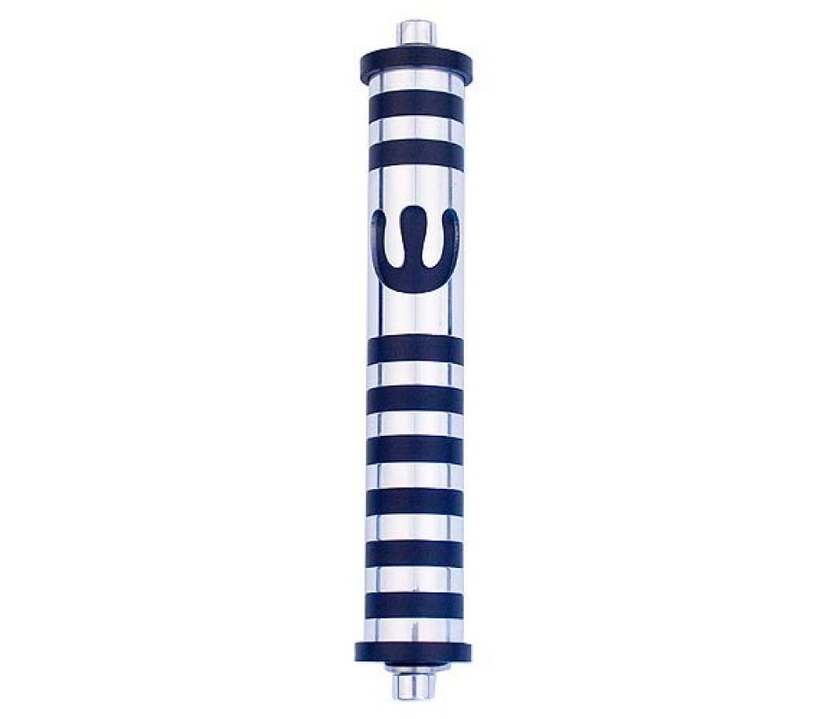 Cylinder Mezuzah Case with Bands and Curving Shin In Dark Colors at 6 Inches - Agayof