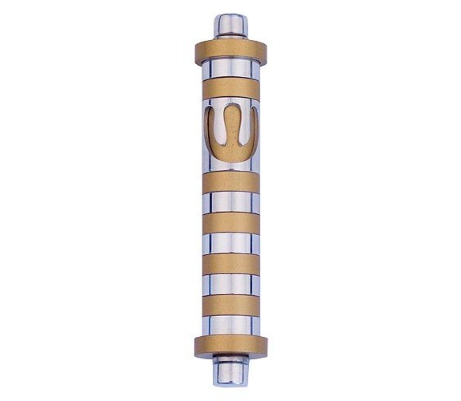 Cylinder Mezuzah Case with Bands in Light Colors, 4 Inches Height - Agayof