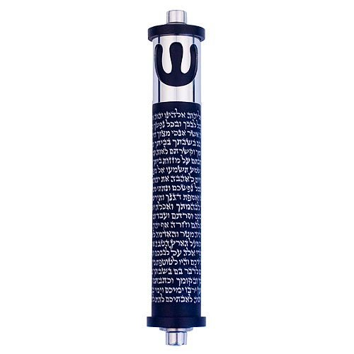 Cylinder Mezuzah Case with Shema Prayer and Shin in Dark Colors, Medium - Agayof