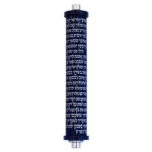 Cylinder Mezuzah Case with Shema Prayer in Dark Colors, 4 Inches Height - Agayof