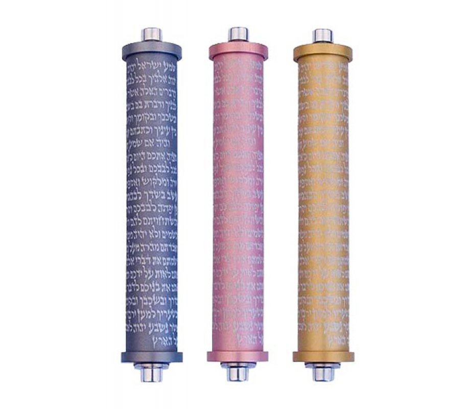 Cylinder Mezuzah Case with Shema Prayer in Light Colors, 4 Inches Height - Agayof
