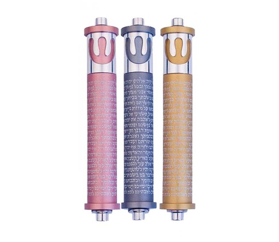 Cylinder Mezuzah Case with Shema and Curving Shin, Light Colors at 6 Inches - Agayof