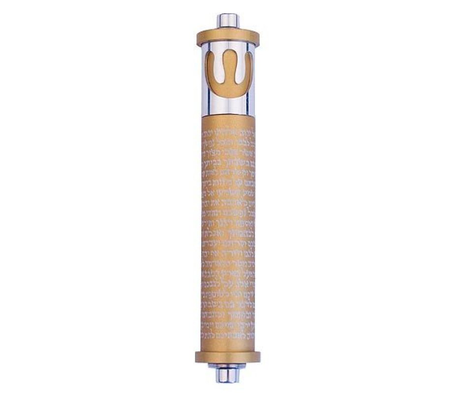 Cylinder Mezuzah Case with Shema and Curving Shin, Light Colors at 6 Inches - Agayof