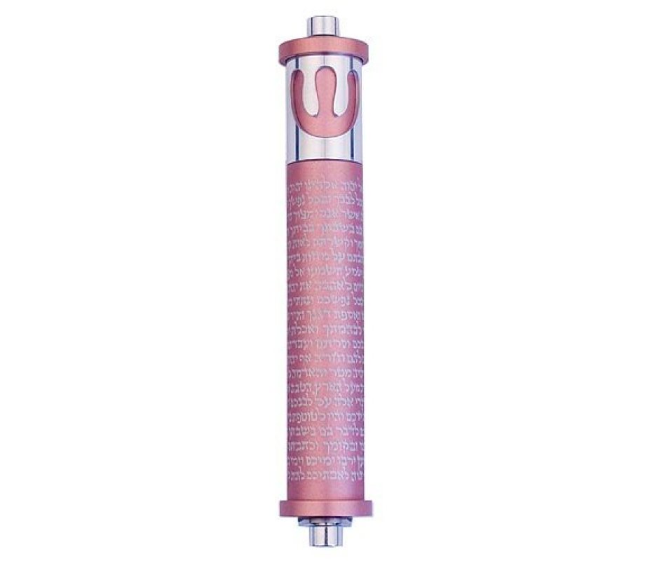 Cylinder Mezuzah Case with Shema and Curving Shin, Light Colors at 6 Inches - Agayof
