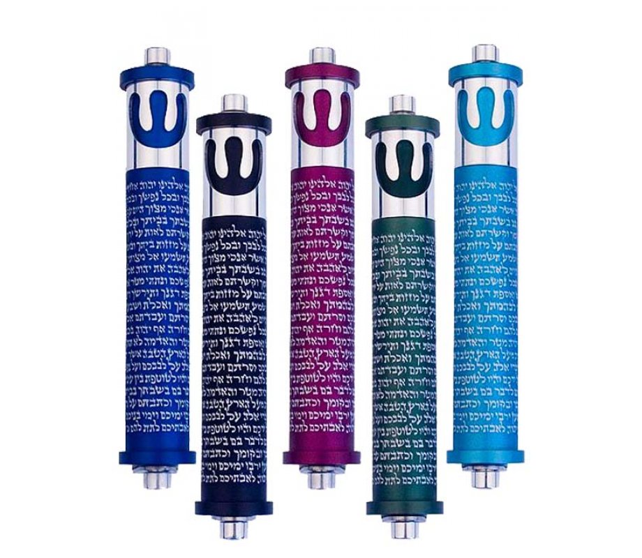 Cylinder Mezuzah, Shema and Curving Shin in Dark Colors at 4 Inches Height - Agayof