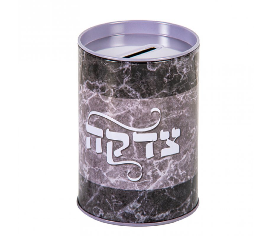 Cylinder Shape Charity Box, Dark and Light Gray Marble Design – Coin Slot on Top