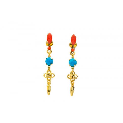 Dangle Earrings - Gold Plate, Semi-Precious Gems Turquoise and Fiery Orange - Amaro