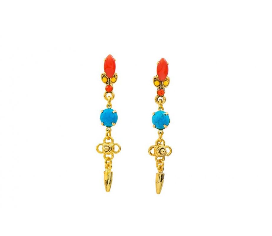 Dangle Earrings - Gold Plate, Semi-Precious Gems Turquoise and Fiery Orange - Amaro