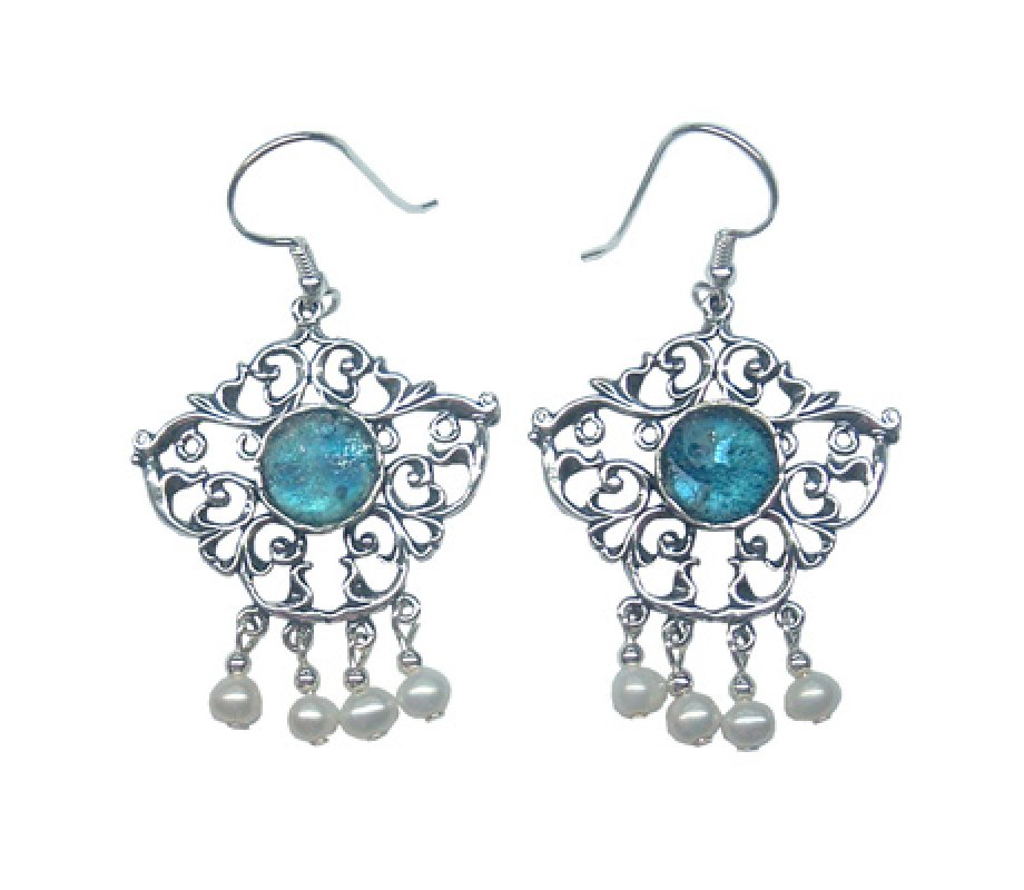 Dangle Sterling Silver Earrings with Roman Glass and Freshwater Pearls - Michal Kirat