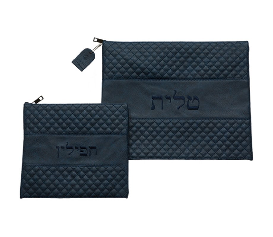 Dark Blue Faux Leather Tallit & Tefillin Bags Diamonds Design