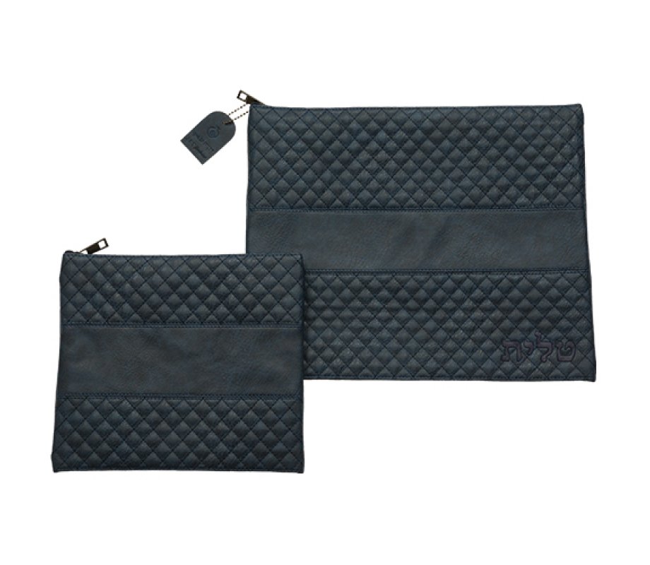 Dark Blue Faux Leather Tallit and Tefillin Bag Set with Diamond Design