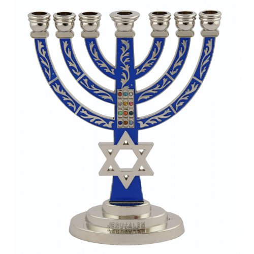 Dark Blue on Silver 7-Branch Menorah with Star of David and Breastplate  5.2 Inches