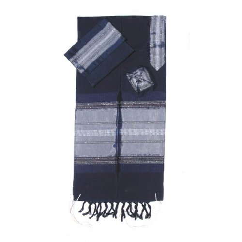 Dark Blue with Silver Stripes Handwoven Silk Prayer Shawl Set - Gabrieli
