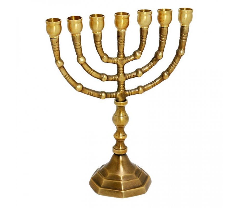 Dark Gold Brass Seven Branch Small Menorah with Antique Look
